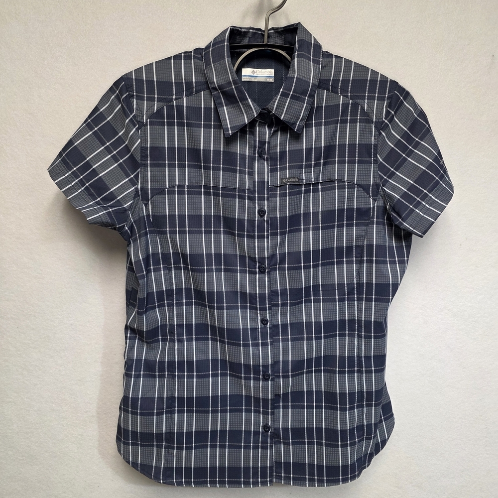 Columbia Womens Size Medium Navy and White Plaid Button Down Shirt